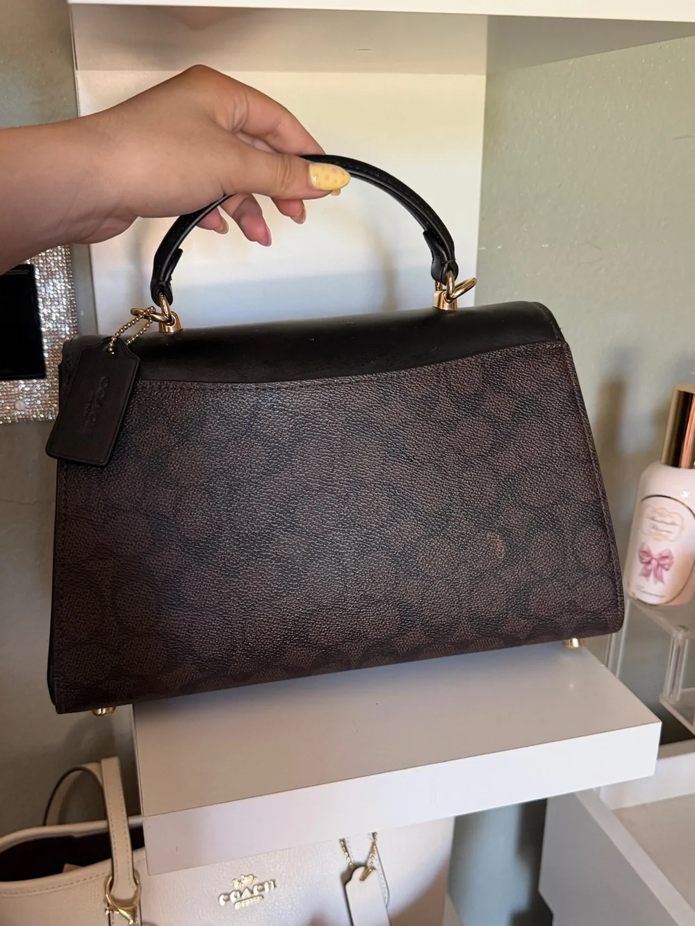 Coach Brown Signature & Black Top-Handle Satchel with Gold Hardware